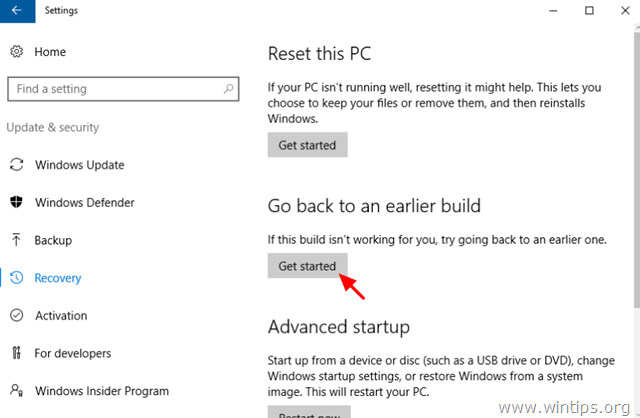 Voltar para o Windows Build anterior 10