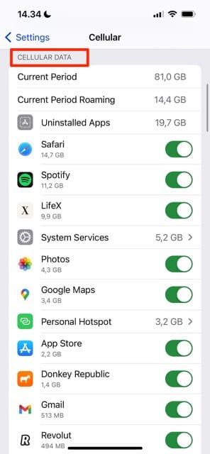 Képernyőkép, amely az iOS mobiladat-beállításait mutatja be