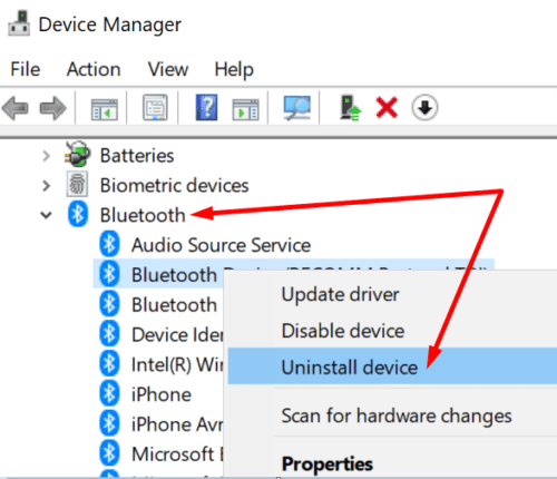 desinstalar o gerenciador de dispositivos do dispositivo Bluetooth