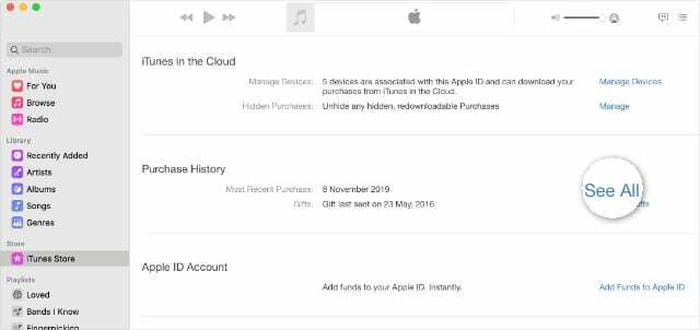 Pozrite si tlačidlo Celá história nákupov z účtu Apple ID iTunes alebo Apple Music