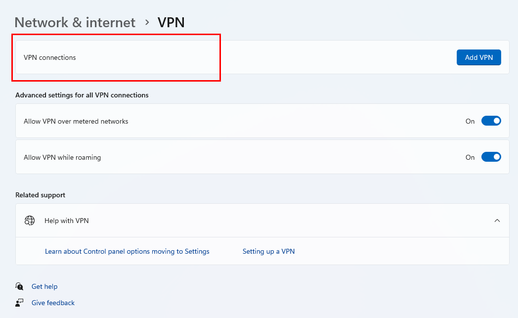 VPN-verbindingen bevatten alle actieve handmatige VPN's