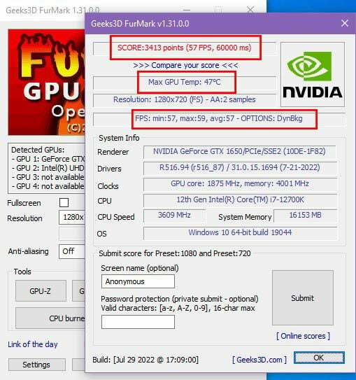 Resultados da verificação de integridade da GPU da interface do usuário Furmark
