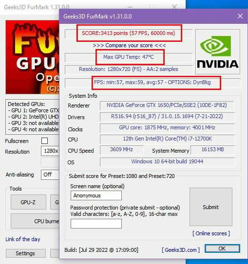 نتائج الفحص الصحي لـ Furmark UI GPU