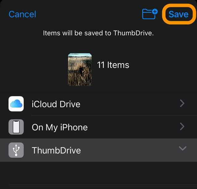 uložit vybrané fotografie na externí disk z aplikace Fotky na iOS a iPadOS