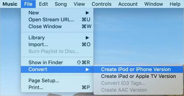 Opción Crear versión de iPod o iPhone desde el menú de la aplicación Música