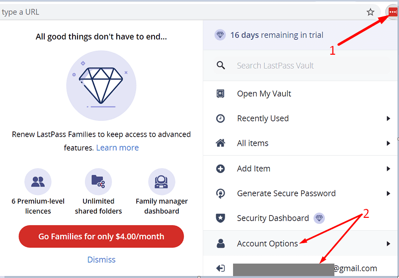 אפשרויות חשבון lastpass