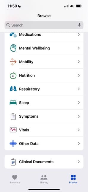 Odaberite Spavanje na snimci zaslona aplikacije Health