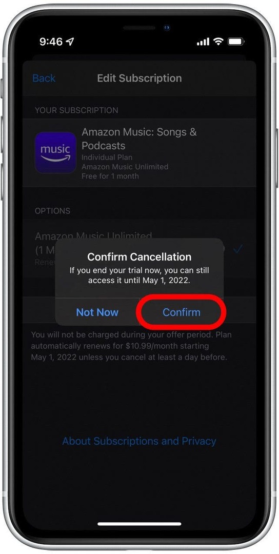 Trykk på Bekreft for å kansellere ditt Amazon Music-abonnement.