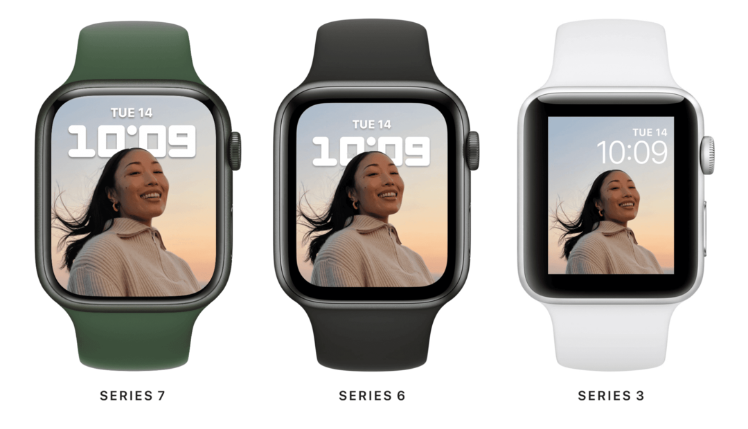 „Apple Watch Series 7“ ekrano palyginimas su senesniais 6 ir SE modeliais.