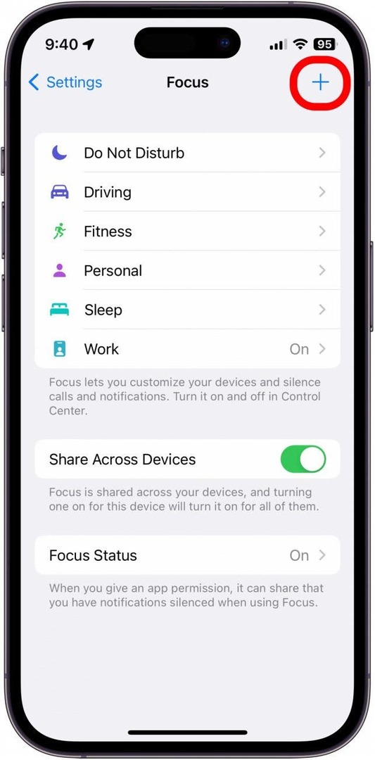 Kemudian, untuk membuat mode Fokus khusus Anda sendiri, ketuk Plus di kanan atas.