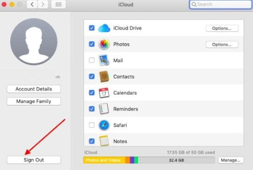 iCloud i na lijevoj ploči pritisnite opciju Odjava