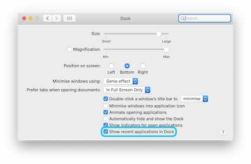 La capture d'écran des Préférences Système met en surbrillance la case à cocher des applications récentes