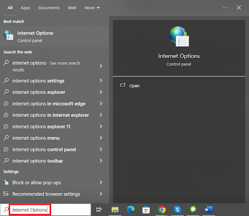 Wählen Sie „Internetoptionen“ in der Windows-Suche