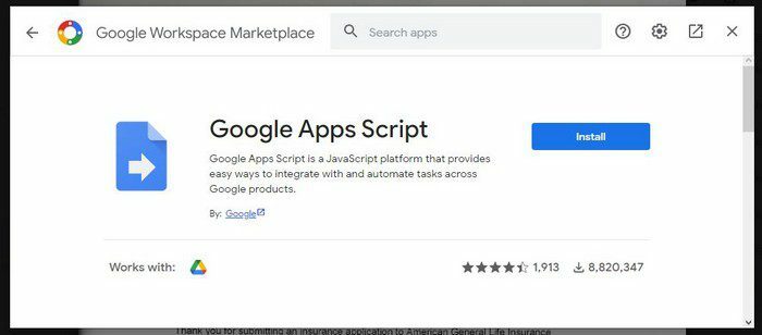 Aplikacija Google Workplace Marketplace