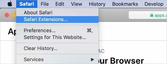 Safari Extensions opció a Safari menüsorában