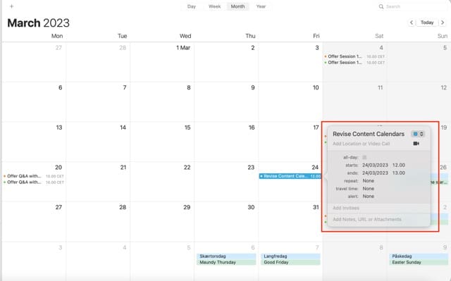 Ekraanipilt, mis näitab, kuidas macOS-is sündmuse aega muuta