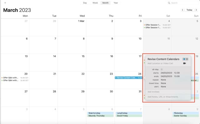 Skjermbilde som viser hvordan du endrer tidspunktet for en hendelse i macOS