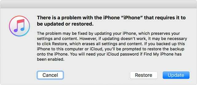 Mensagem do iTunes do modo de recuperação do iPhone na tela