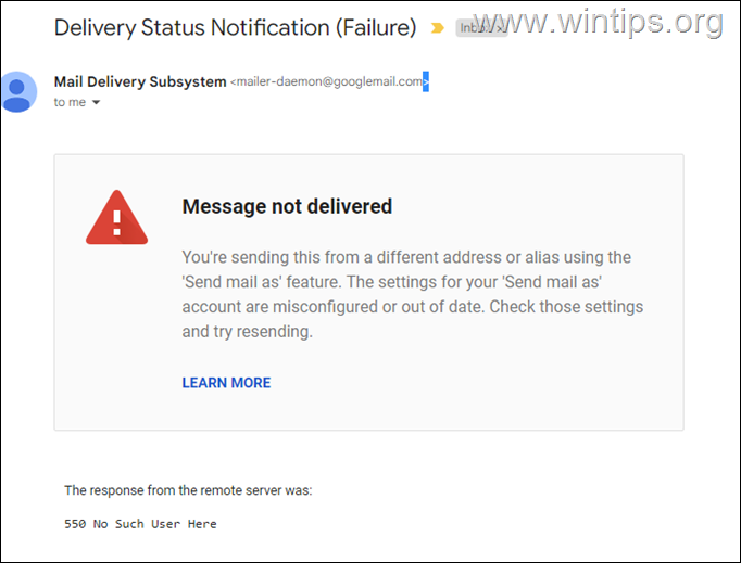 FIX: Google Send mail als fout 550 No Such User Here 