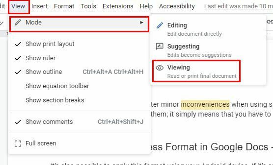 Muutke Google Docsi vaatamisrežiimi
