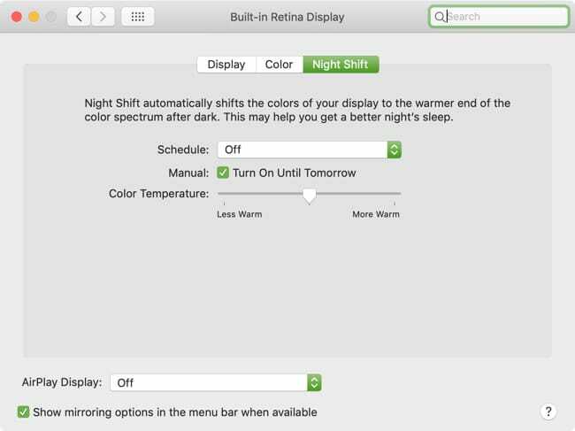 Ενεργοποιήστε τη λειτουργία Night Shift με μη αυτόματο τρόπο σε Mac