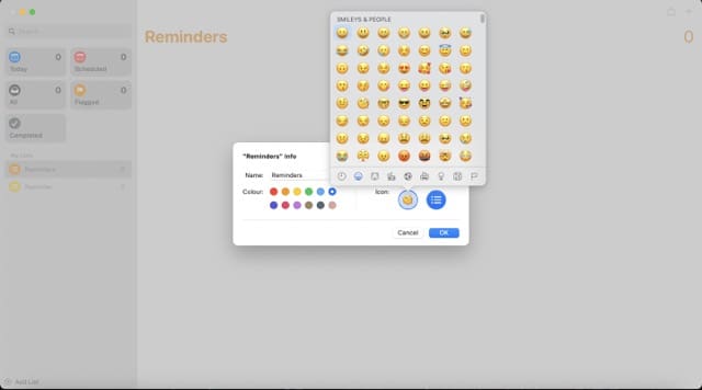 სკრინშოტი აჩვენებს, თუ როგორ უნდა შეცვალოთ emojis და ფერები Reminders-ში