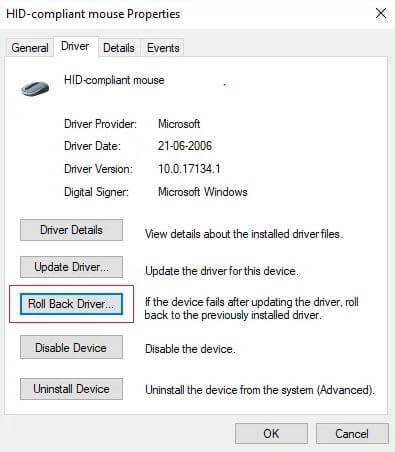 Vælg Driver-fanen, og klik på Roll Back Driver Option