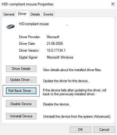 Kies Driver Tab en klik op Roll Back Driver Option