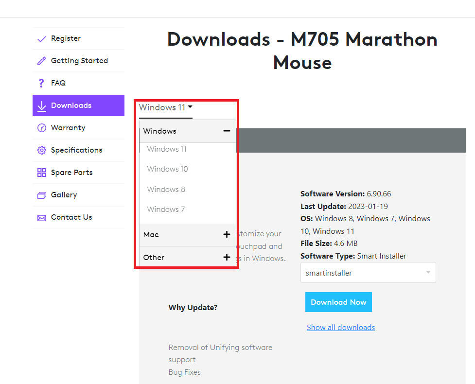 Choisissez le système d'exploitation dans Logitech M705