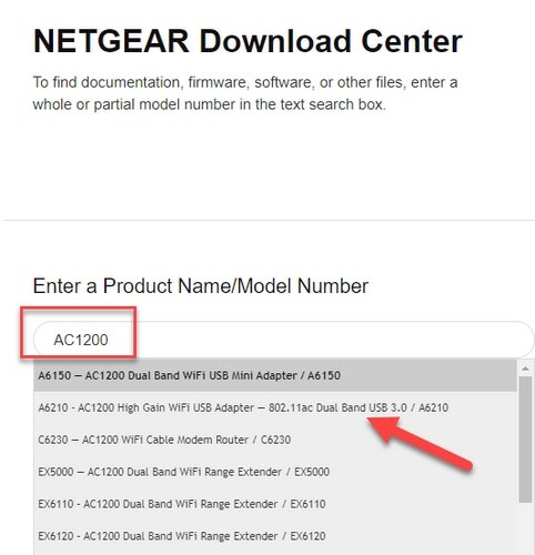 検索バーにNETGEAR製品名またはモデル番号を入力します