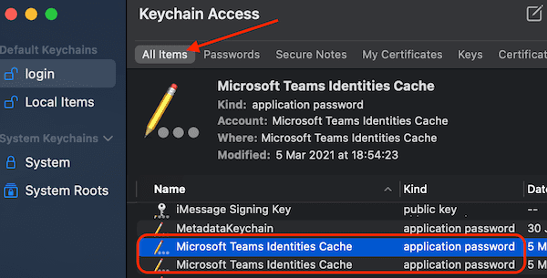 memoria cache a identităților echipelor microsoft mac