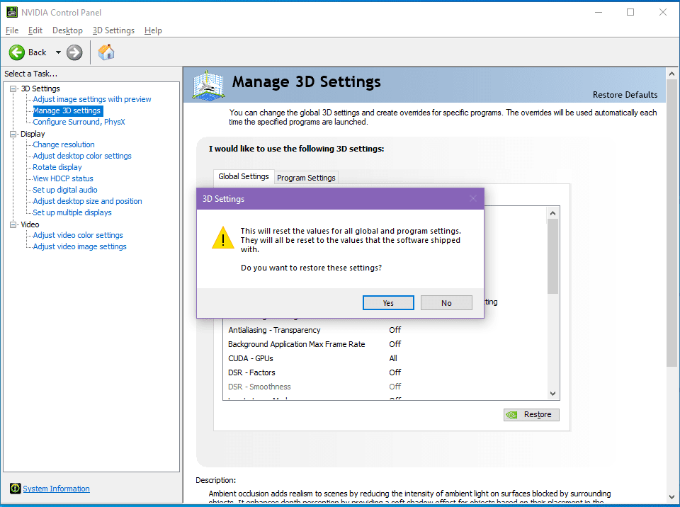 Ripristino del driver grafico predefinito dal pannello di controllo di Nvidia