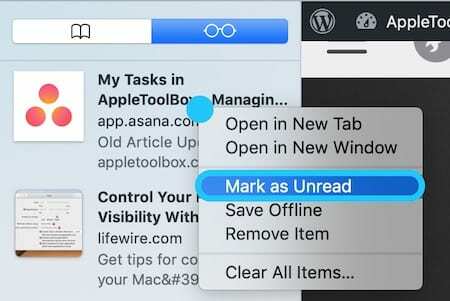 Snímka obrazovky zoznamu čítaní pre macOS so zvýraznením Označiť ako neprečítané