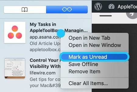 لقطة شاشة لقائمة القراءة في macOS مع تمييز " علامة غير مقروءة"