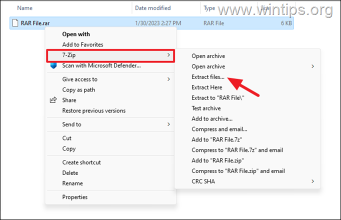 แยกไฟล์เก็บถาวร RAR ด้วย 7Zip