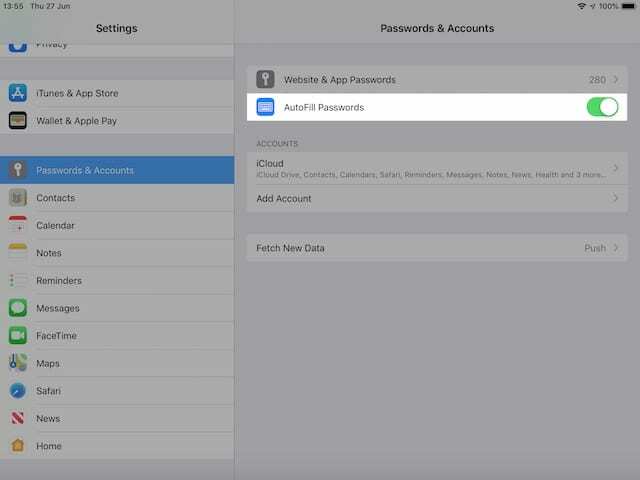 Išjunkite automatinio pildymo slaptažodžius iOS 12