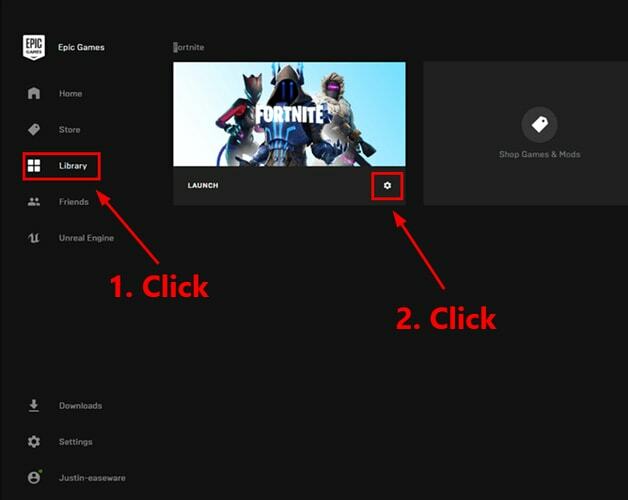 Klicka på Bibliotek och välj kugghjulsikon i Epic Games Launcher