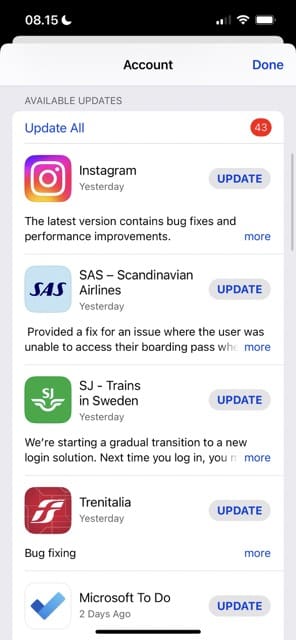 Screenshot, der zeigt, wie Apps im App Store aktualisiert werden