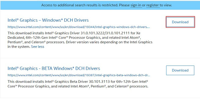 Butonul de descărcare a driverului grafic Intel