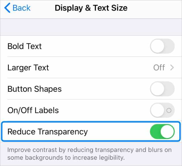 Schaltfläche „Transparenz reduzieren“ in den iPhone-Einstellungen für Barrierefreiheit