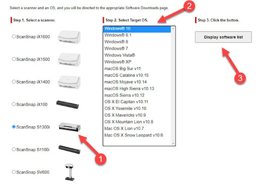 स्कैन स्नैप S1500 सॉफ्टवेयर सूची प्रदर्शित करता है