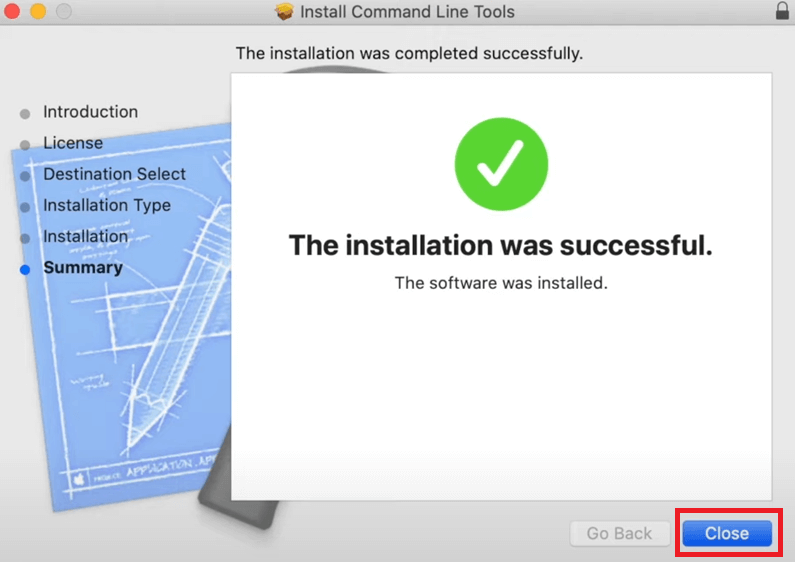 XCode-Befehlszeilentools installiert, klicken Sie auf die Schaltfläche „Schließen“.