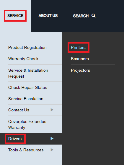 Menu Serviço na página inicial da Epson IN e clique em Impressoras em Drivers