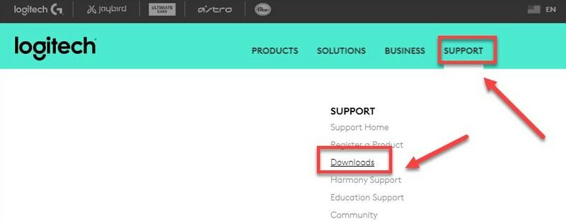 Logitech 공식 사이트의 지원 탭에서 다운로드 선택