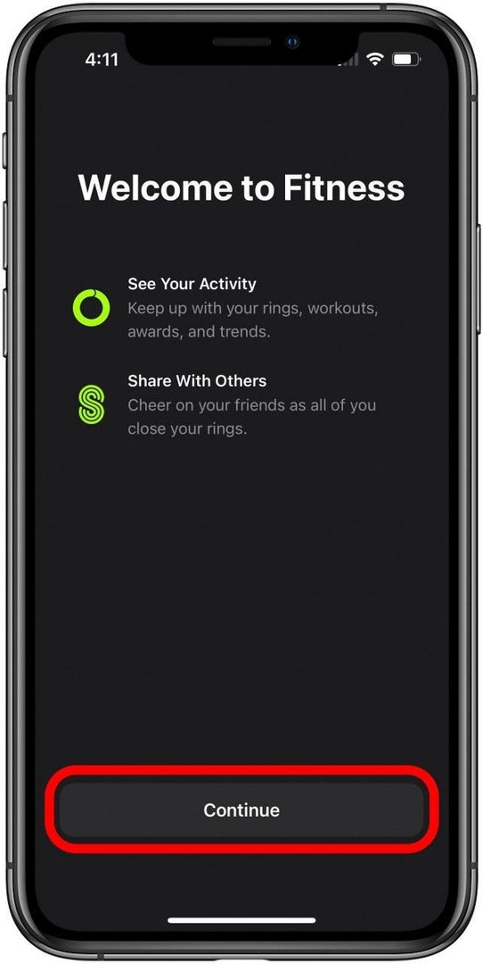 Schermata di benvenuto dell'app Fitness con il pulsante Continua contrassegnato.