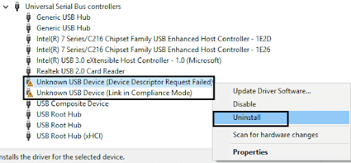 Reinstale el controlador del dispositivo USB para reparar el dispositivo USB desconocido