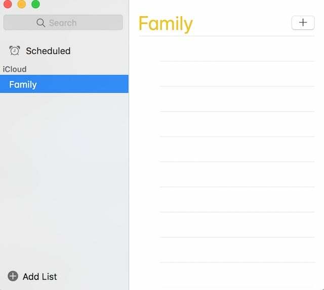 Mac पर रिमाइंडर में खाली सूची।