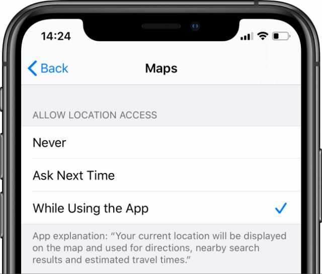 Opciones de servicios de ubicación para Maps en iPhone