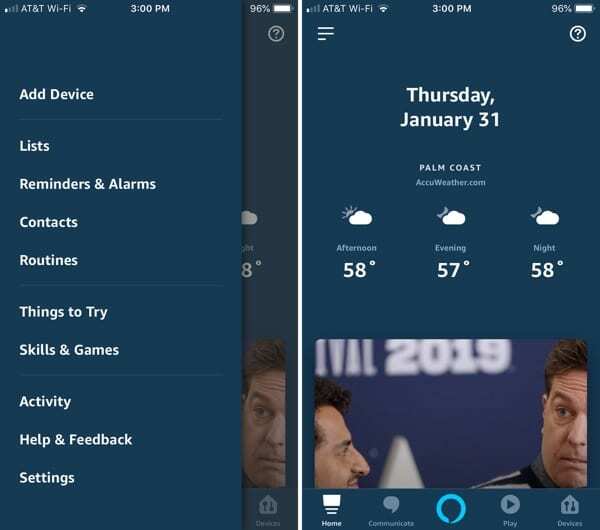 Alexa App Menu Hoofdmenu op iPhone