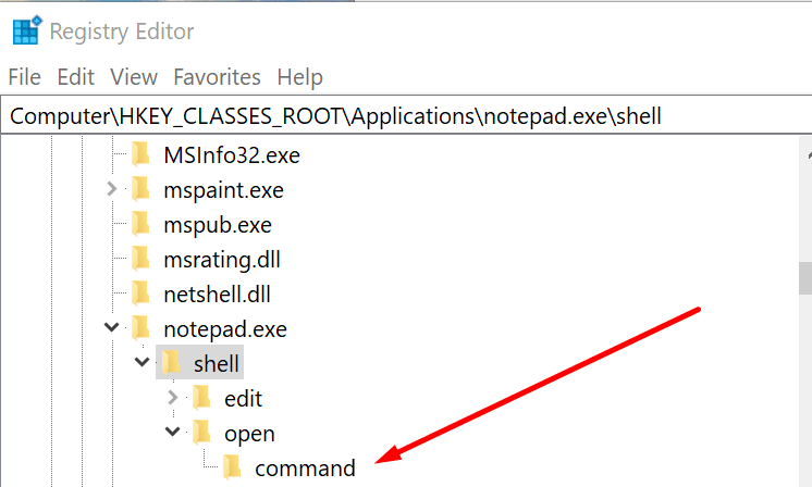 notepad exe shell Windows rendszerleíró adatbázis